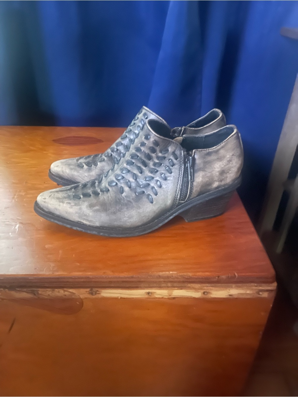 Free People Distressed Gray Leather Ankle Booties with Woven Upper